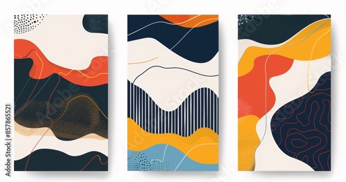 A set of three geometric abstract posters in a retro style.