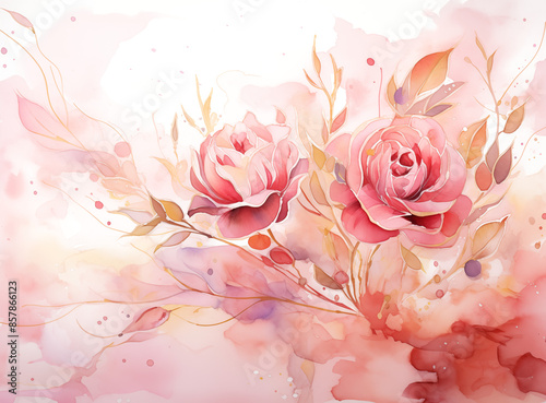 Delicate watercolor painting of a pink flower in bloom. Soft washes of pink and gold create a romantic and elegant feel. Perfect for invitations, greeting cards, and wedding stationery.