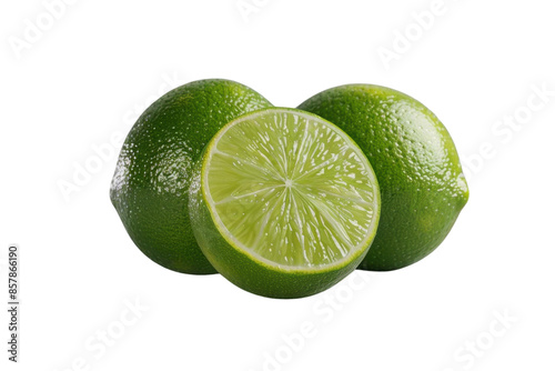 Two whole limes and one lime cut in half, isolated on black background.
