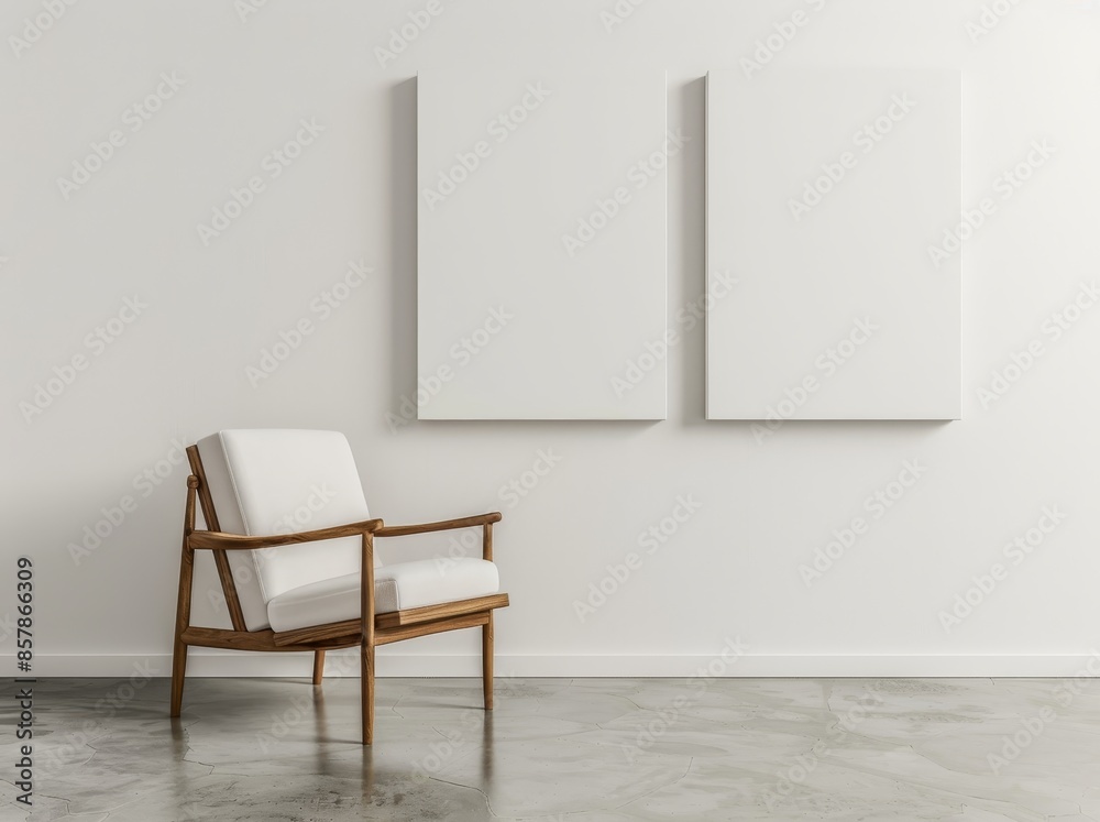 Mockup of an interior with a chair for visitors or staff members, posters template on white wall for branding or advertising. Mockup of paintings on frames in a museum or gallery. 3D Illustration. Mockup of an interior with a chair for visitors or staff members, posters template on white wall for branding or advertising. Mockup of paintings on frames in a museum or gallery. 3D Illustration.
