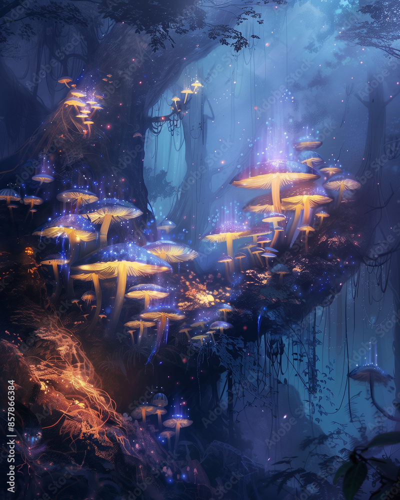 Obraz premium glowing mushrooms illuminating an enchanted forest with mystical light and vibrant colors, a magical scene in a dark forest