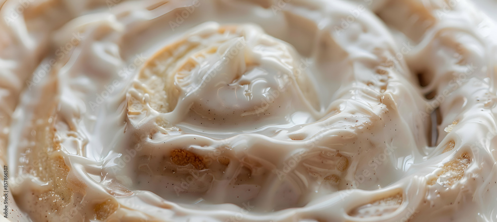 A close-up of a fast food vegan cinnamon roll, showcasing the texture and icing