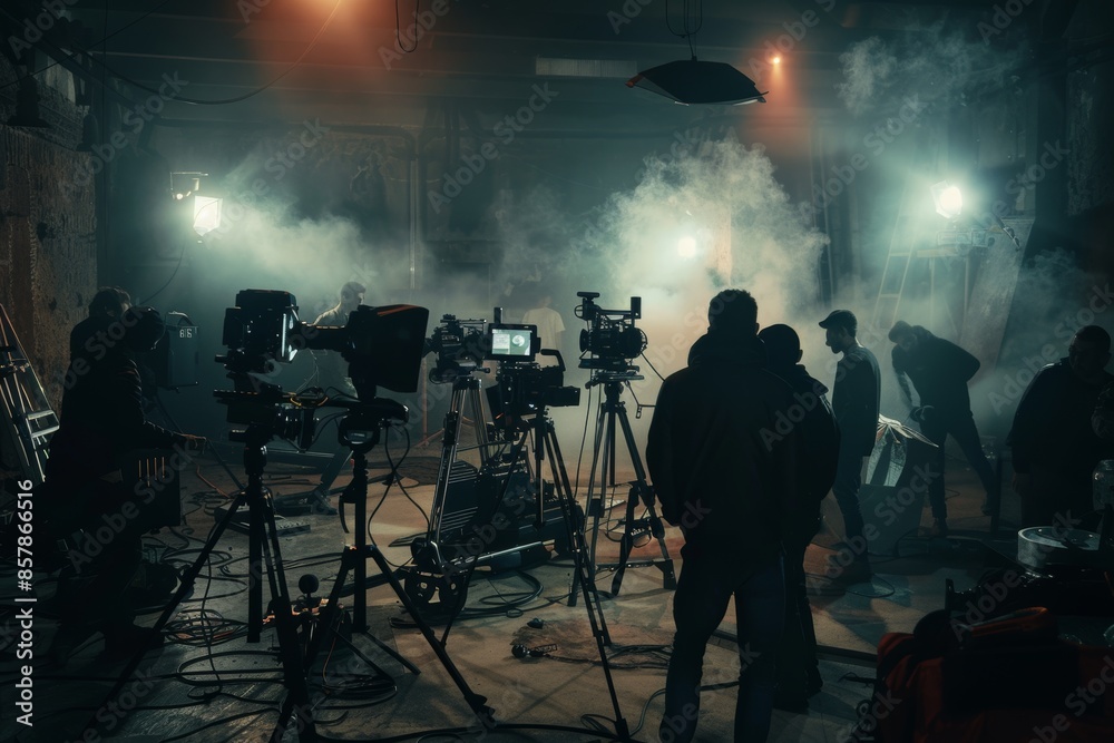 Fototapeta premium Production concept of people setting cameras and lighting for online video shooting. Silhouettes of people in studio setting up equipment.