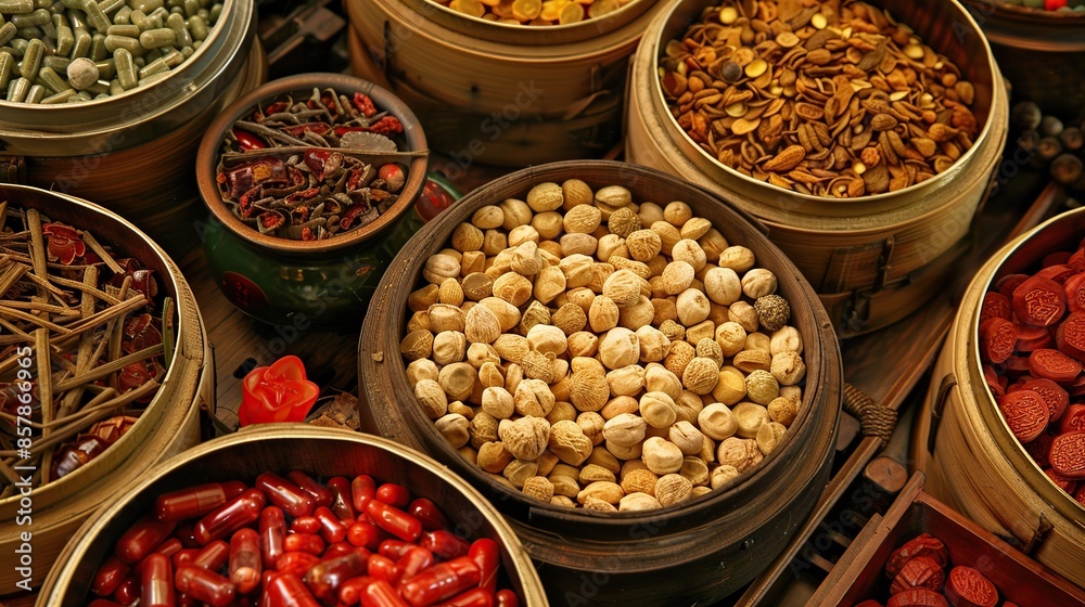 Assortment of Dried Herbs and Seeds in Wooden Bowls Assortment of Dried Herbs and Seeds in Wooden Bowls