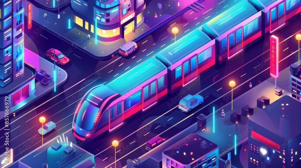 Modern poster of public transportation with flat illustrations of commuter and railway cities showing trams and trains in isometric perspective. Modern poster of public transportation with flat illustrations of commuter and railway cities showing trams and trains in isometric perspective.