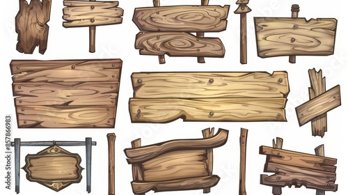 Signs made of wood, street signs, blank walls, ropes and nails, road direction arrows, bar and saloon Ui elements, cartoon set of moderns.