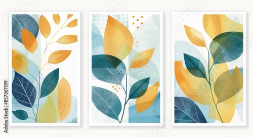 Three abstract posters featuring geometric shapes and leaves