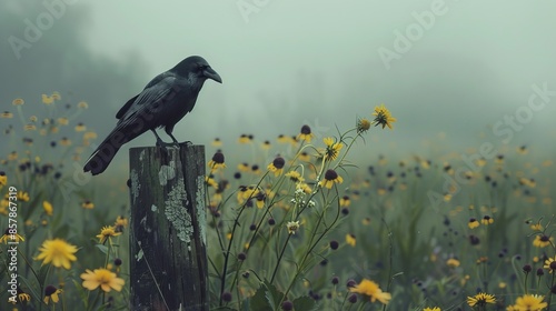 This detailed image shows a black raven perched on a post in a foggy, moody field setting photo