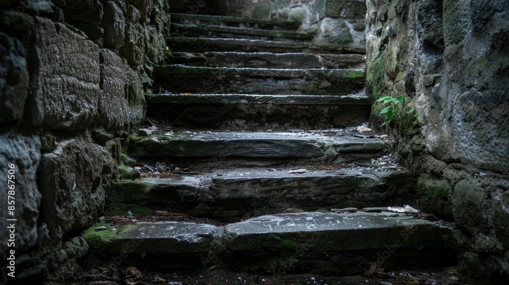 In the middle of an urban environment that is dark and mysterious are stone stairs In the middle of an urban environment that is dark and mysterious are stone stairs
