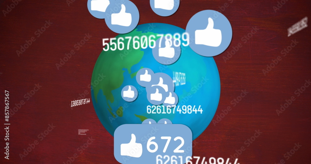 Naklejka premium Image of changing numbers and thumbs up icons over globe against abstract background