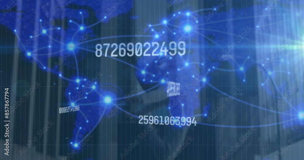 Image of changing numbers and connected dots over map against dancer jumping in background Image of changing numbers and connected dots over map against dancer jumping in background