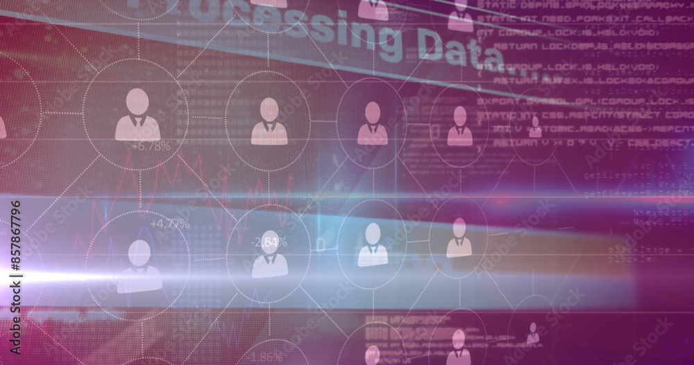 Image of network of profile icons and light trails against purple gradient background