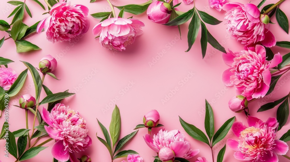 On a light pink background, peonies are arranged in a rectangular frame, creating a romantic image perfect for greeting cards, invitations, and social media posts. On a light pink background, peonies are arranged in a rectangular frame, creating a romantic image perfect for greeting cards, invitations, and social media posts.