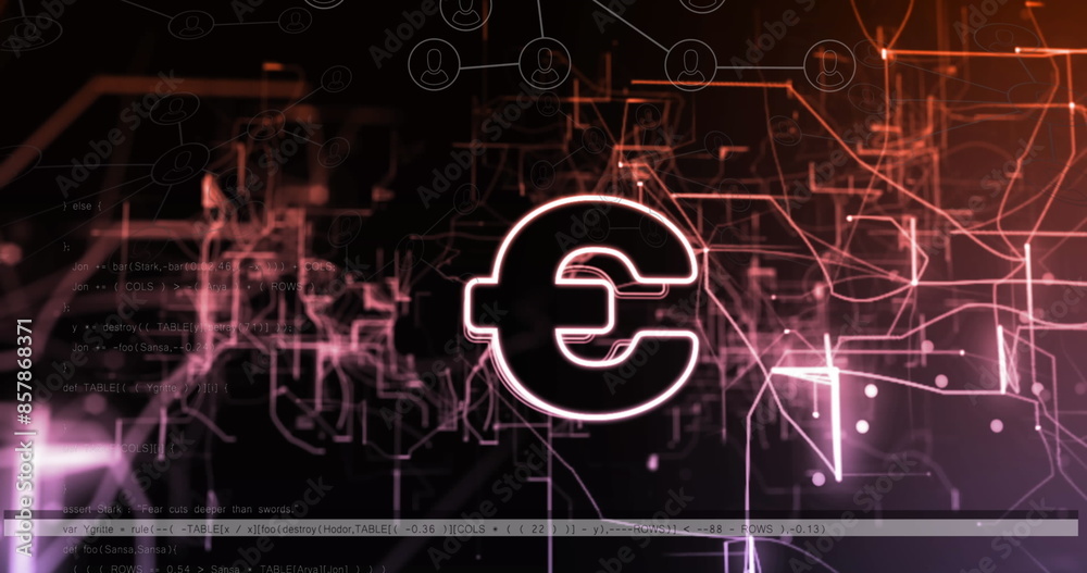 Image of vhs effect over euro symbol against data processing and glowing light trails Image of vhs effect over euro symbol against data processing and glowing light trails