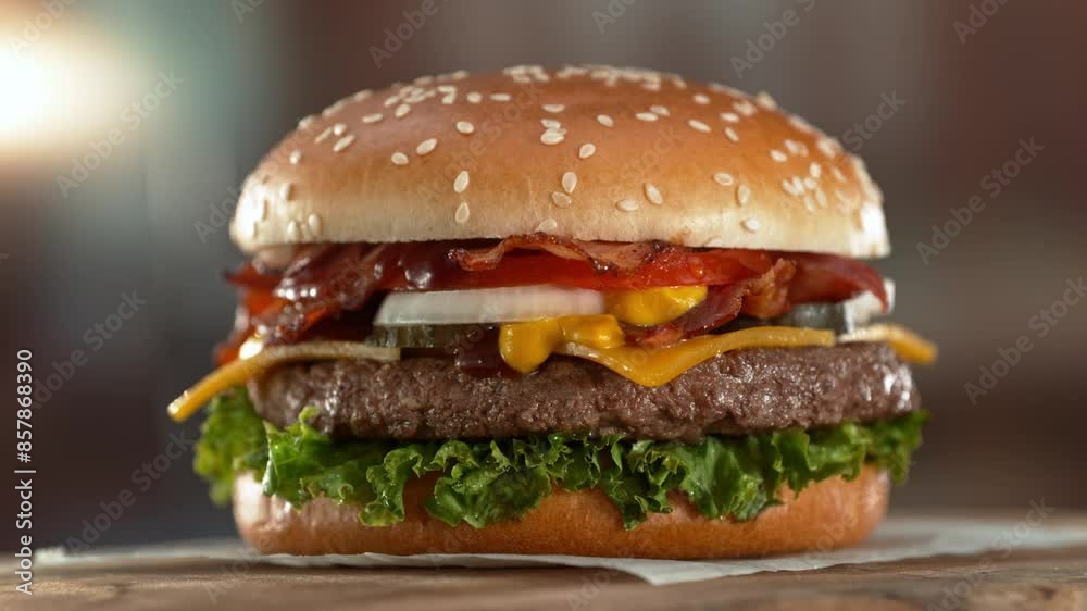 Tasty home made burger with camera movement and rotating . Delicious burger with fresh cabbage, cheese, onions, bacon, tomatoes and grilled beef steak.