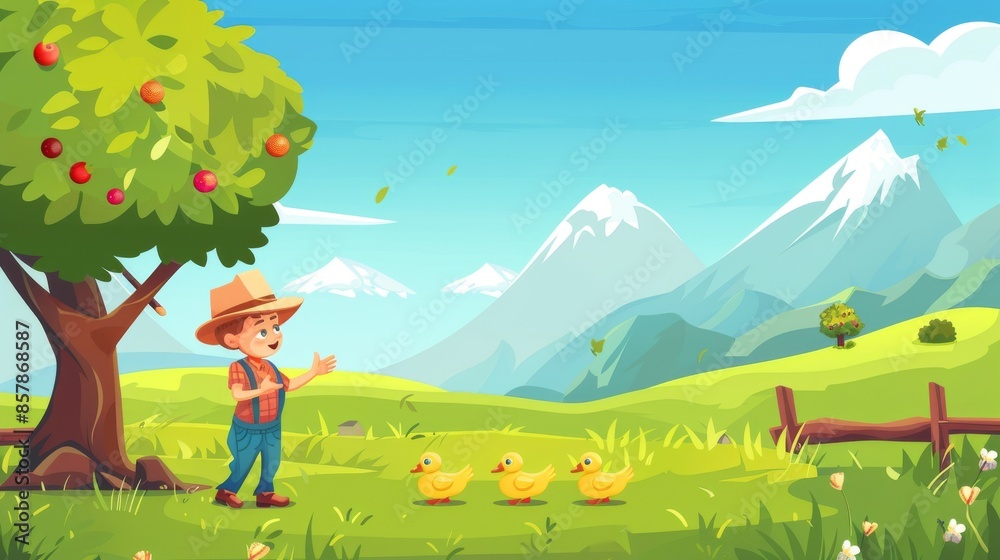 Obraz premium Cartoon illustration of a boy playing with ducks on a farm. Illustration shows active child running on grass, cute domestic birds on grass, flowers on bushes, a house in the valley, rural childhood.