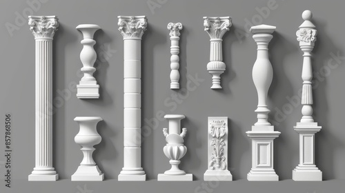 Modern realistic set of 3d white stone or marble pillars, columns, balusters, handrails, and pillar bases for terraces, balconies, and parapets.