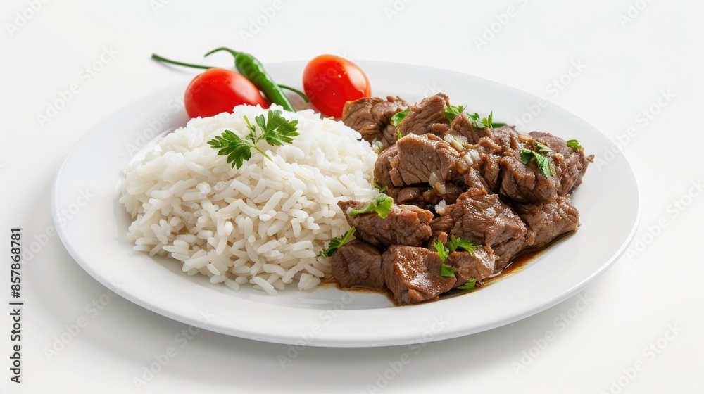 A plate of white rice topped with diced beef and green onions A plate of white rice topped with diced beef and green onions