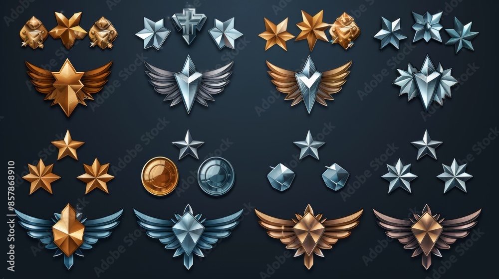 Rank badge for military game with star insignia. Modern cartoon illustration. Achievement icons decorated with wings. Rank badge for military game with star insignia. Modern cartoon illustration. Achievement icons decorated with wings.