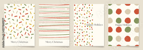 Minimalist Christmas Card designs with hand drawn abstract patterns in natural color palette.