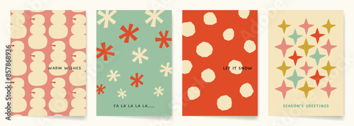 Christmas Card Designs with whimsical patterns made with paper cutout shapes and hand drawn illustrations. Retro-modern Winter Holiday designs in soft pastel colors.