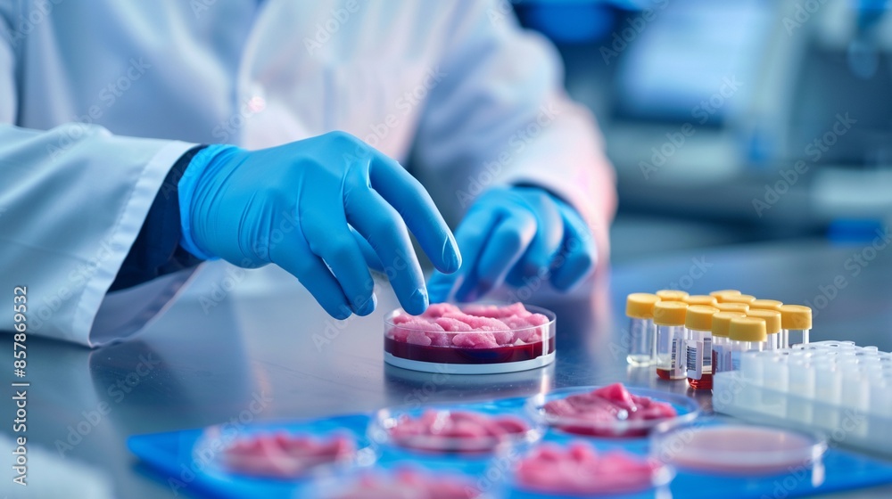 Lab technician in gloves working with cultured meat samples in petri dishes, stainless steel lab equipment, cold blue lighting, hightech food production, sharp focus Lab technician in gloves working with cultured meat samples in petri dishes, stainless steel lab equipment, cold blue lighting, hightech food production, sharp focus