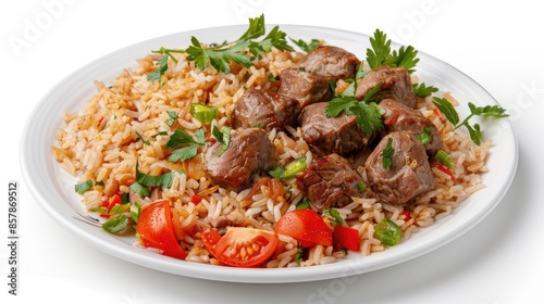 A plate of white rice topped with diced beef and green onions