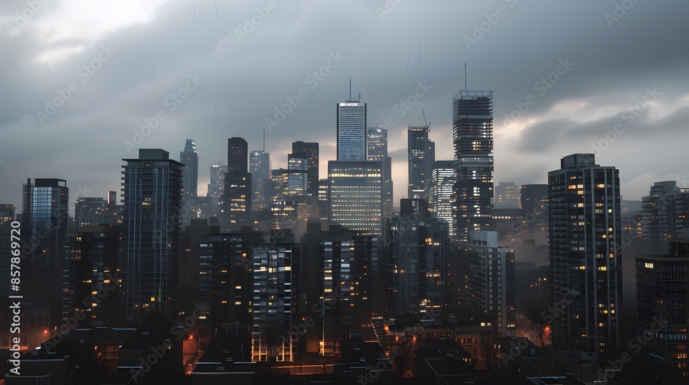 Rainy evening skyline of a modern city with illuminated windows and dramatic clouds.