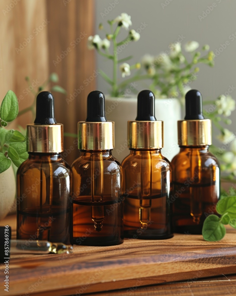 A collection of glass bottles with droppers containing a mix of essential oils, isolated on a white background A collection of glass bottles with droppers containing a mix of essential oils, isolated on a white background