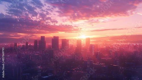 Stunning urban skyline at sunset with vibrant pink and purple clouds.