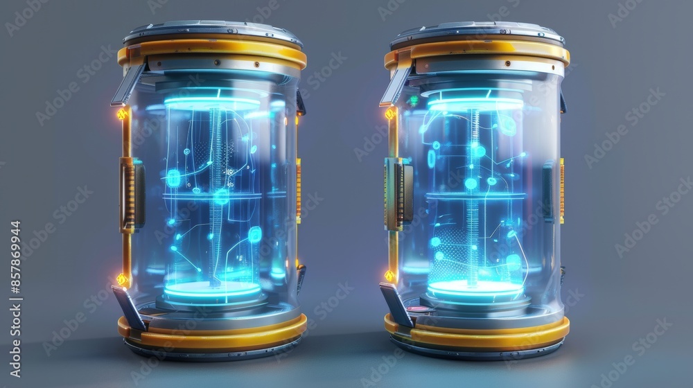 Future capsules, empty and full futuristic containers, glass tubes with cryogenic liquid for hibernation. Scientific technology camera, sci-fi laboratory equipment, realistic modern illustration. Future capsules, empty and full futuristic containers, glass tubes with cryogenic liquid for hibernation. Scientific technology camera, sci-fi laboratory equipment, realistic modern illustration.