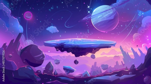 A space background with craters and cracks, featuring a gas giant and moon, and the surface of an alien planet.