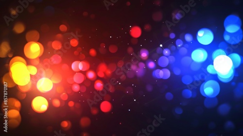 Symbolic illustration of red, blue, yellow flashing led lamps on emergency vehicles, police car halo effect at night, and security guard on a black background.