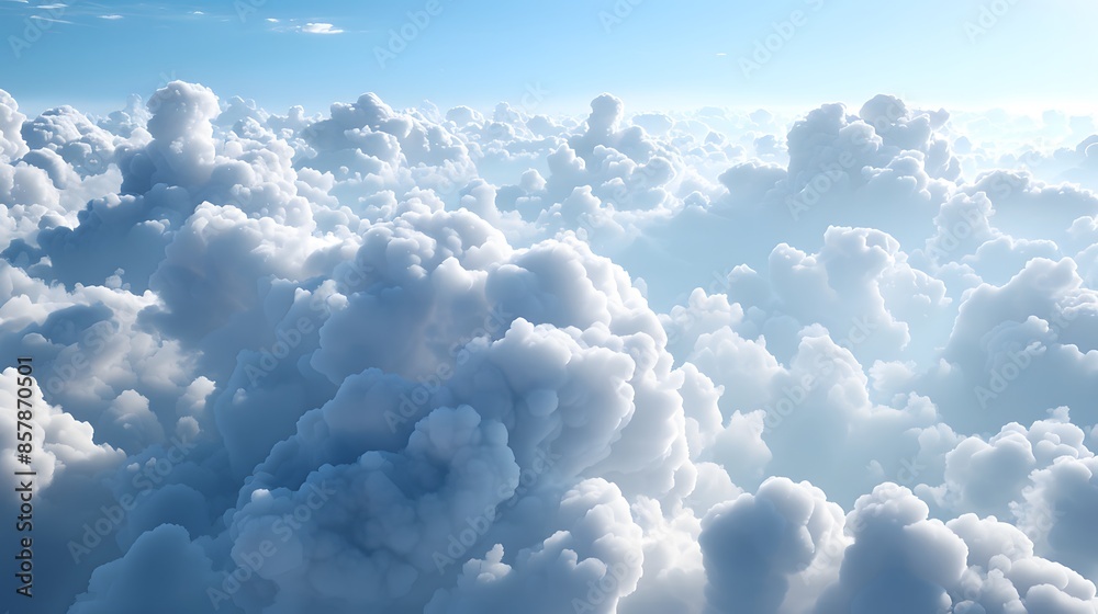 Serene sunlit sky with fluffy white clouds against a clear blue backdrop Serene sunlit sky with fluffy white clouds against a clear blue backdrop