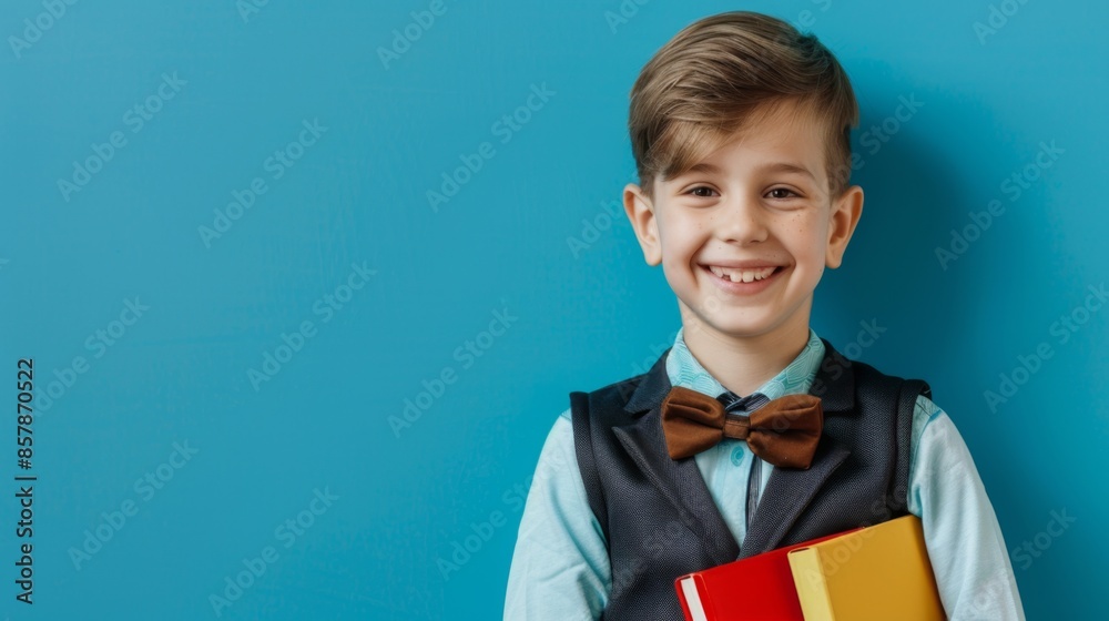 portrait of a smiling Caucasian schoolboy 10 -12 years old in a school uniform with textbooks in his hands and a school bag on his shoulders, studio shooting blue background portrait of a smiling Caucasian schoolboy 10 -12 years old in a school uniform with textbooks in his hands and a school bag on his shoulders, studio shooting blue background