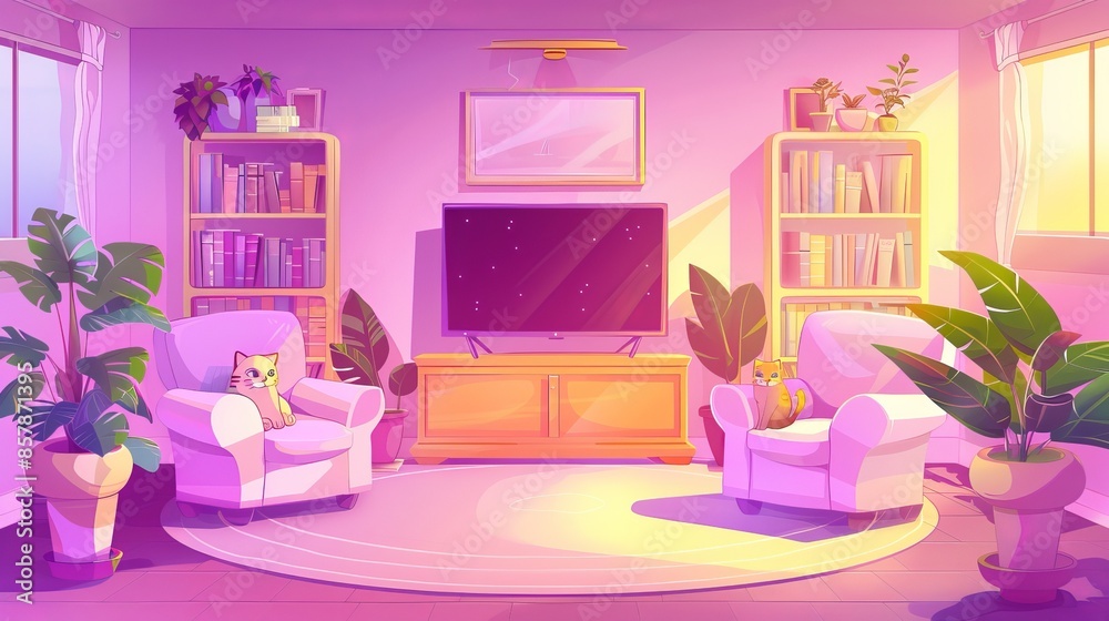 Interior of a girly pink living room with pink furniture and decorative elements. Bright cartoon modern illustration of a cute female house indoors with cozy furniture such as a sofa and armchair, Interior of a girly pink living room with pink furniture and decorative elements. Bright cartoon modern illustration of a cute female house indoors with cozy furniture such as a sofa and armchair,