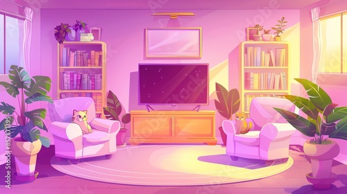 Interior of a girly pink living room with pink furniture and decorative elements. Bright cartoon modern illustration of a cute female house indoors with cozy furniture such as a sofa and armchair,