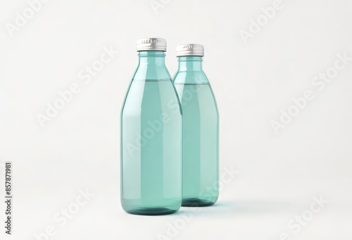 Two blue glass bottles of water with empty blank area for brand logo sticker. Isolated on gray background. Concept of mockup mock-up bottle shablon template montage photo