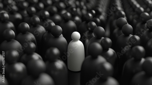 One person standing out in a crowd of black figures