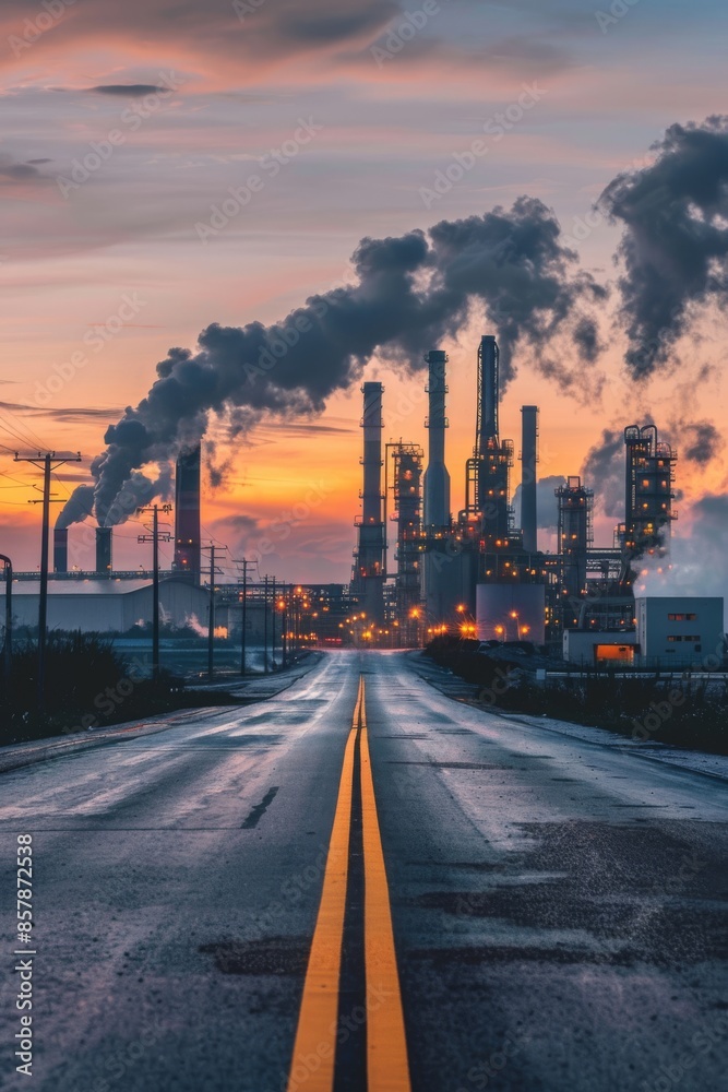 Twilight industrial scene with smokestacks and glowing lights Twilight industrial scene with smokestacks and glowing lights