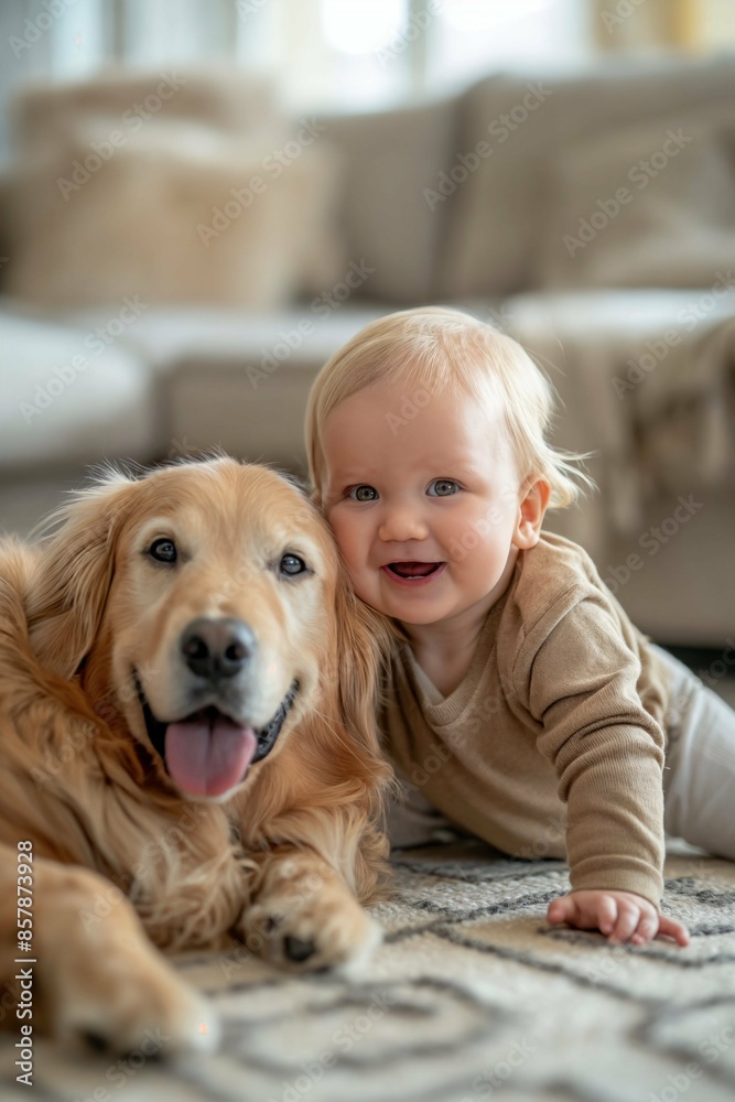 Happy little baby playing with a dog. Cute baby playing with puppy in the living room Happy little baby playing with a dog. Cute baby playing with puppy in the living room