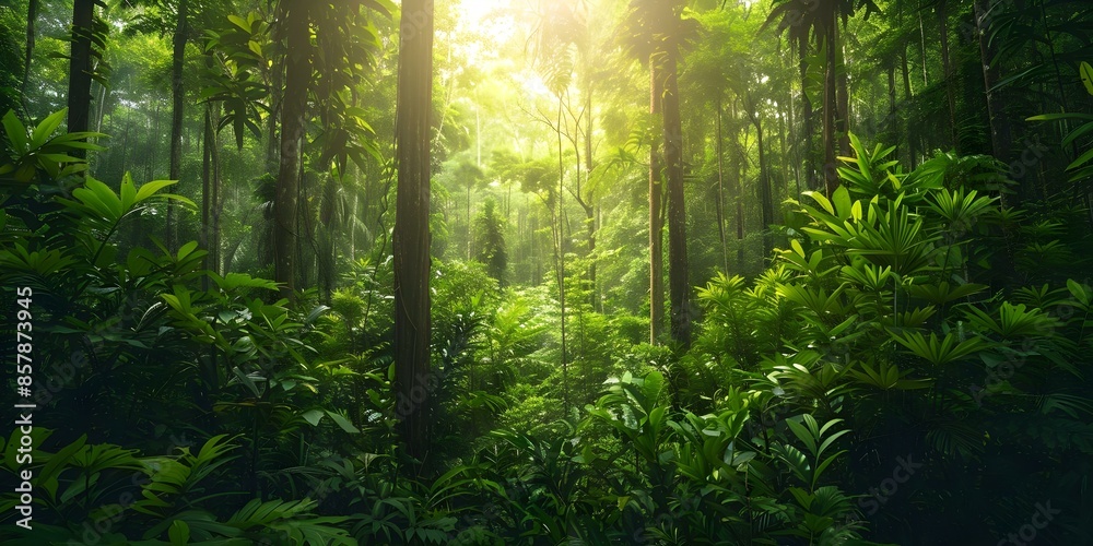 Obraz premium The Beauty of a Lush Forest with Tall Trees, Epiphytes, and Lianas. Concept Lush Forest, Tall Trees, Epiphytes, Lianas, Natural Beauty