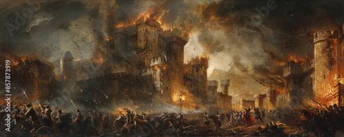 A scene from the French Revolution, with revolutionaries storming the Bastille, symbolizing the overthrow of tyranny. photo