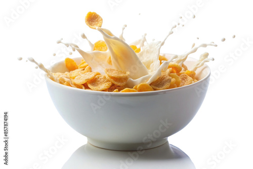 Corn flakes with milk splash in white bowl isolated on white background. PNG