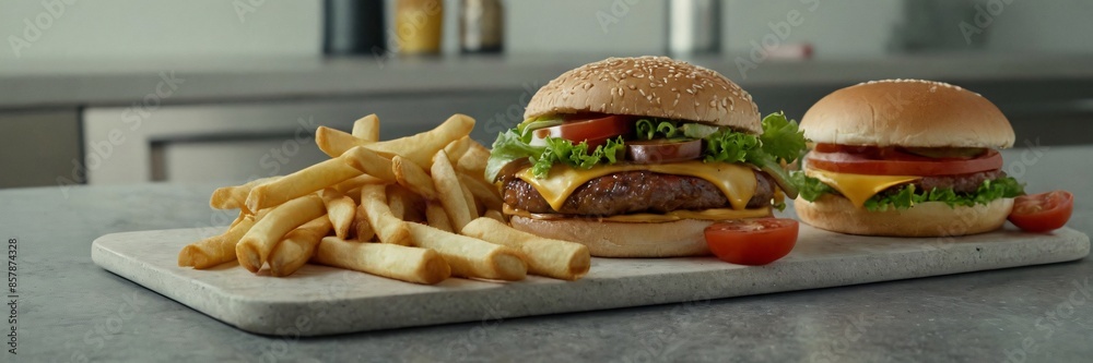 A mouth-watering cheeseburger with a juicy beef patty, melted cheese, fresh lettuce, and ripe tomatoes served on a wooden cutting board alongside a generous portion of crispy golden french fries. A mouth-watering cheeseburger with a juicy beef patty, melted cheese, fresh lettuce, and ripe tomatoes served on a wooden cutting board alongside a generous portion of crispy golden french fries.