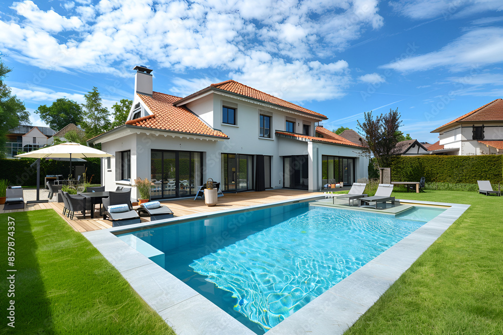 Fototapeta premium luxurious modern mansion with a backyard pool decoration style inspiration ideas, Luxury traditional French mansion with pool and garden, Modern style pool garden of luxury