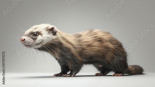 A studio shot of a ferret, looking off to the side. The ferret is brown and white, with a long tail and sharp claws. photo