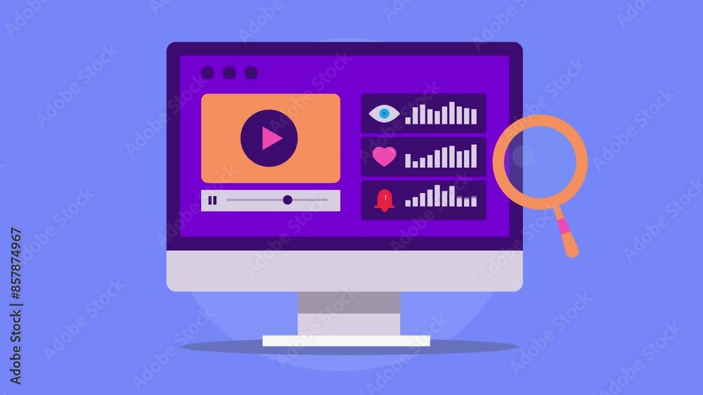 Measure video marketing campaign performance analytics, views and engagement, subscriber follower monitoring animated concept. Measure video marketing campaign performance analytics, views and engagement, subscriber follower monitoring animated concept.