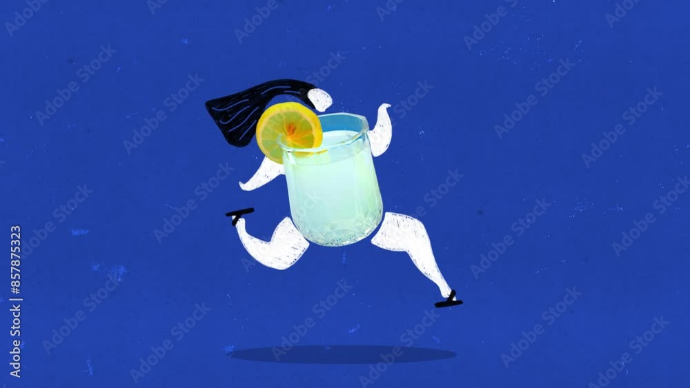 Refreshment. Female drawn character dancing with sour cocktail with lemon against blue background. Stop motion, animation. Concept of party, cocktail menu, alcohol drinks, celebration. Poster. Refreshment. Female drawn character dancing with sour cocktail with lemon against blue background. Stop motion, animation. Concept of party, cocktail menu, alcohol drinks, celebration. Poster.