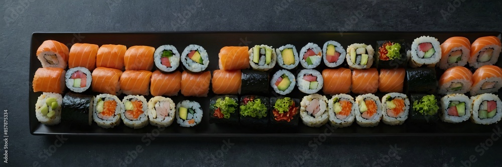 Assorted Sushi Rolls Delight. A stunning array of delectable sushi rolls, showcasing a harmonious blend of flavors and textures. Assorted Sushi Rolls Delight. A stunning array of delectable sushi rolls, showcasing a harmonious blend of flavors and textures.
